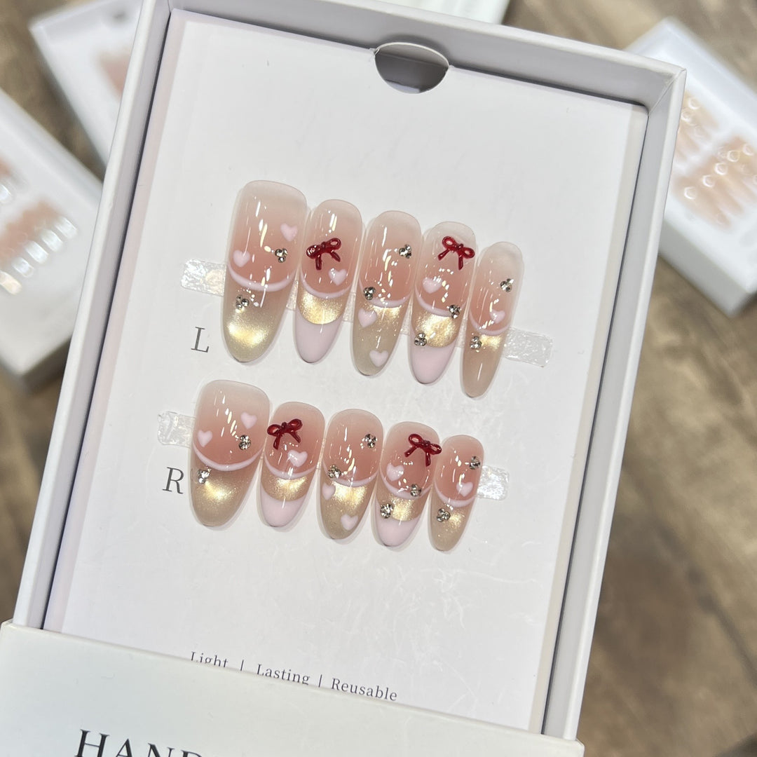 Decorative Press-On Nail Set with Heart and Bow Accents Kalsten