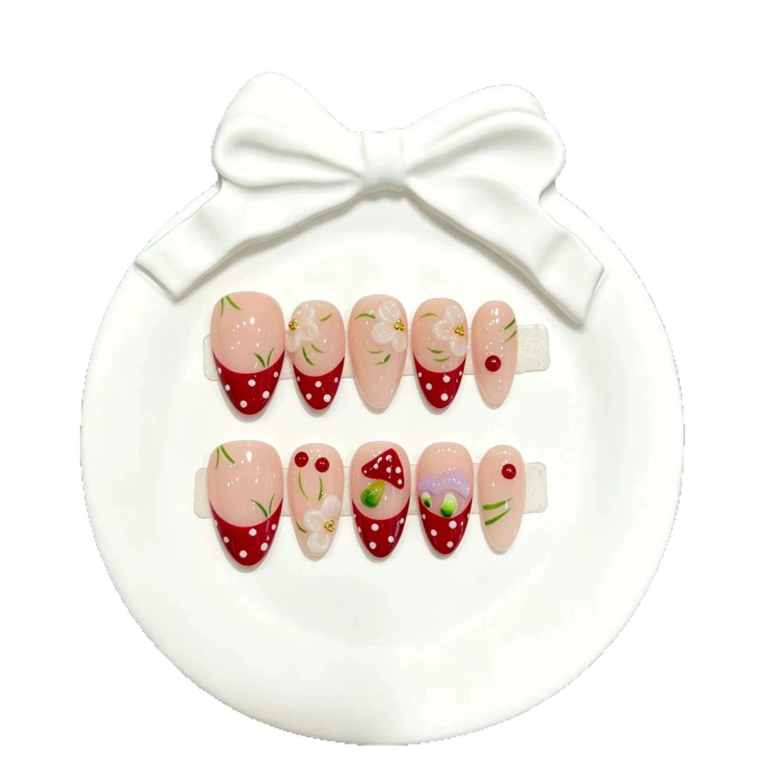 Artistic Press-On Nail Art Set with Floral and Fruit Accents