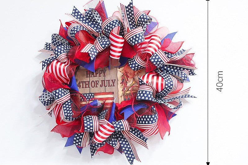Unisex nan patriotic Americana fabric and wood door wreath with ribbon bows Kalsten
