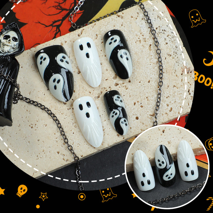 Spooky Ghost-Themed Press-On Nail Art