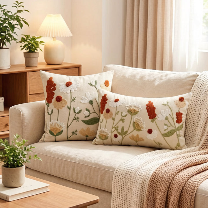 Embroidered Botanical Linen Decorative Pillow Cover with Textured Chenille Accents
