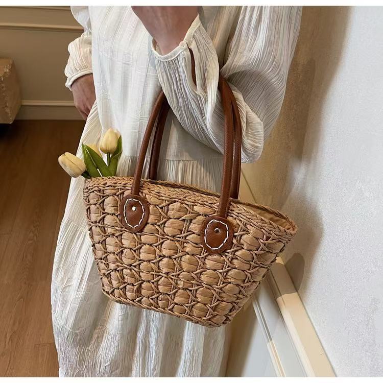 Braided shopping bag with leather handles Kalsten