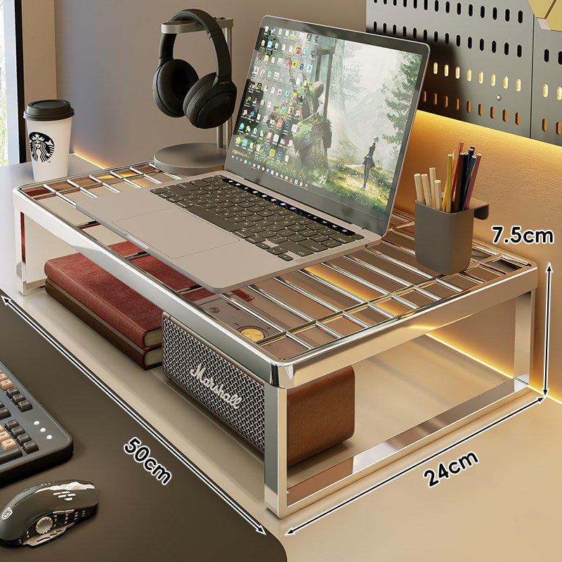 Ventilated Metal Desk Riser Shelf with Open Grid Surface and Under-Storage