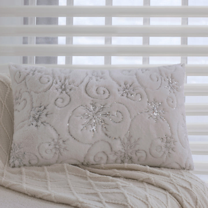 Rectangular faux fur cushion cover with embroidered snowflakes and sequins Kalsten