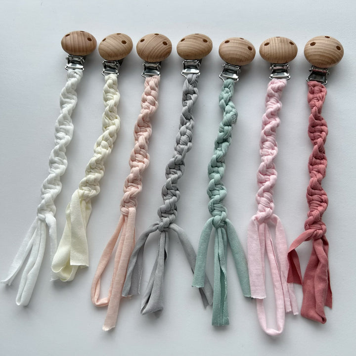 Braided Cotton Pacifier Clip with Wooden Safety Clamp