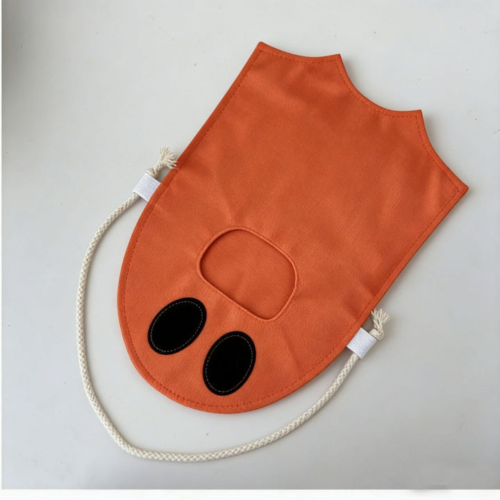 Children's candy tote bag with carrying slot, drawstring and pumpkin appliqué