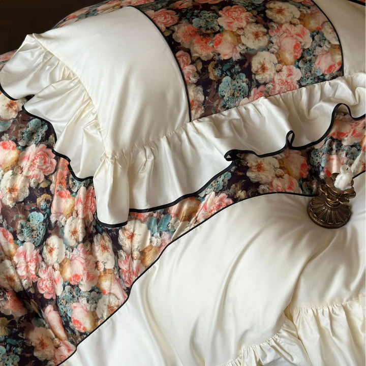 Luxurious floral cotton satin bedding set with ruffles and piping