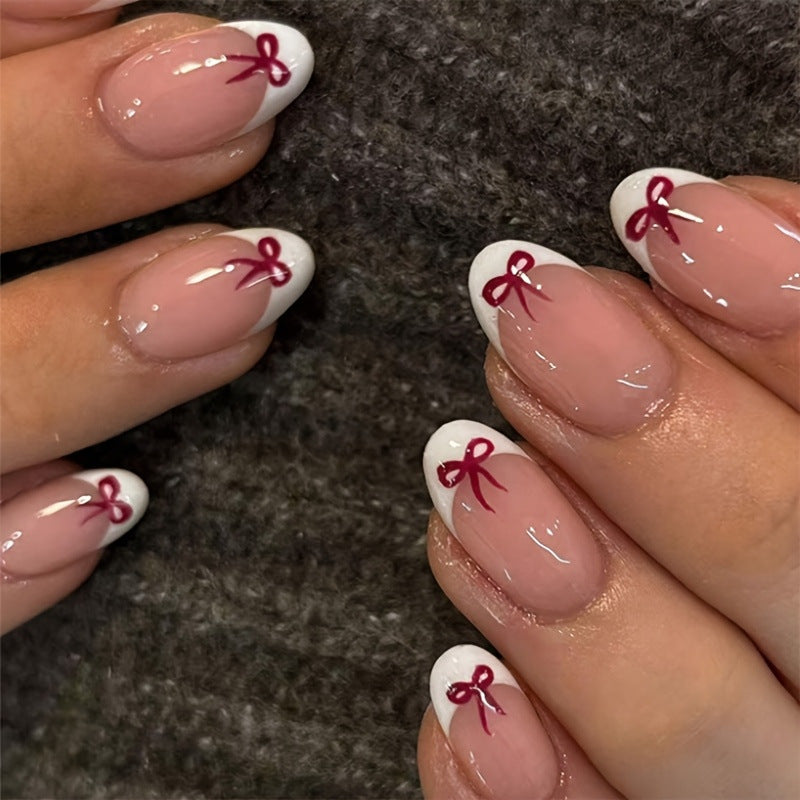 Stylish French Tip Press-On Nails with Bow Design Kalsten