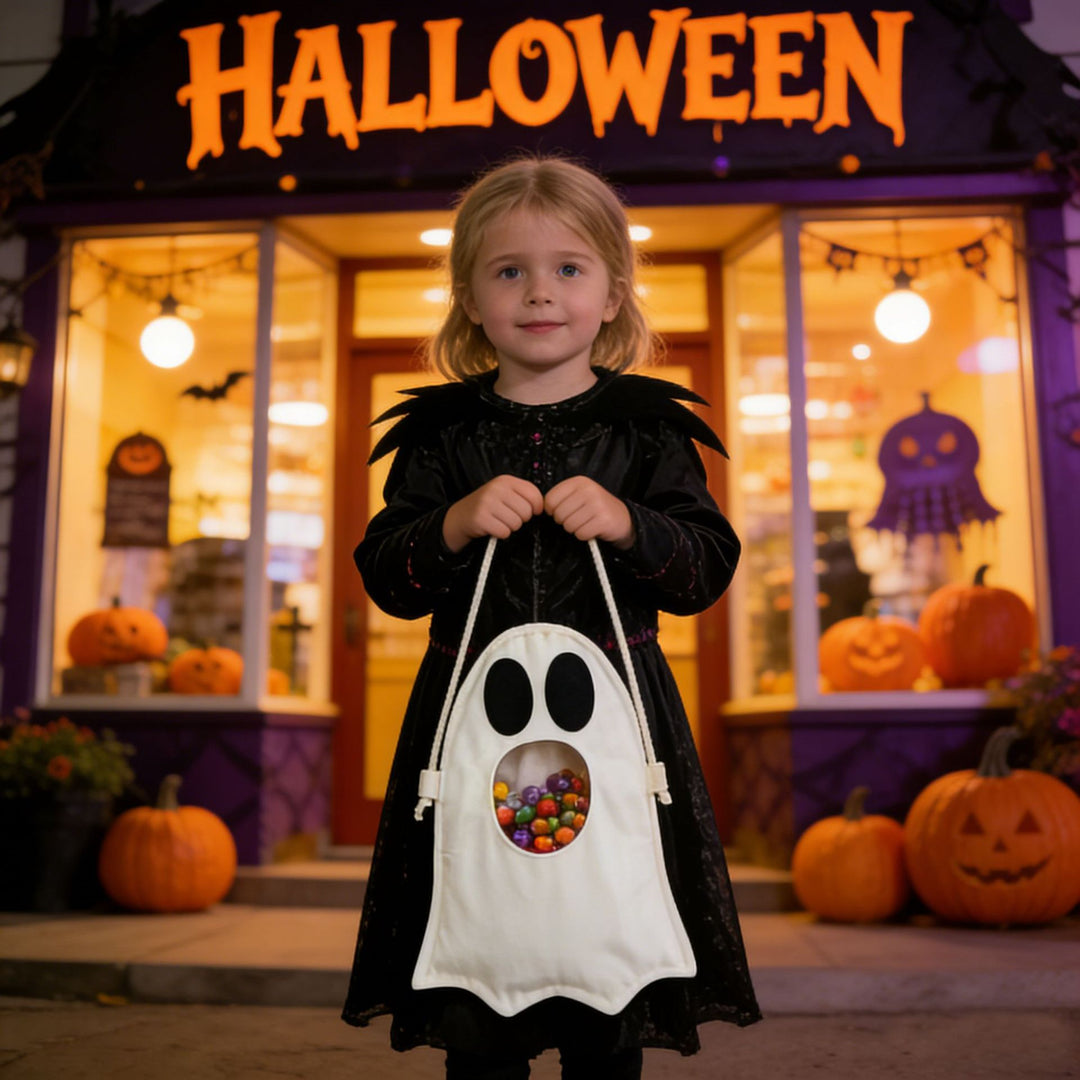 Children's candy tote bag with carrying slot, drawstring and pumpkin appliqué