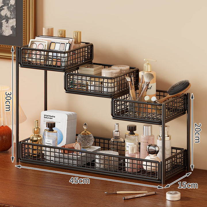 Multi-Tier Metal Mesh Vanity Organizer with Tissue Holder and Adjustable Shelves