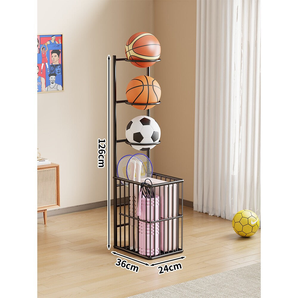 Vertical Rolling Sports Ball Organizer with Multi-Tier Cradles and Bottom Storage Basket