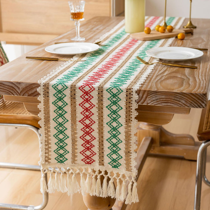Handwoven Cotton Table Runner with Red Geometric Heart Stripe and Knotted Tassel Fringe