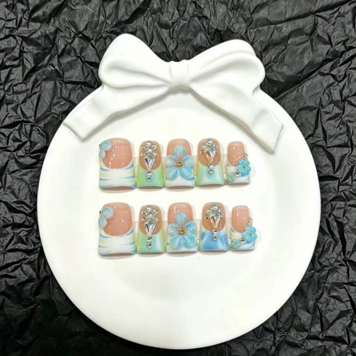 Artistic Floral Press-On Nail Art Set with 3D Embellishments