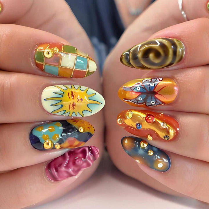 Acrylic nail set with creative summer motifs and sparkling accents Kalsten