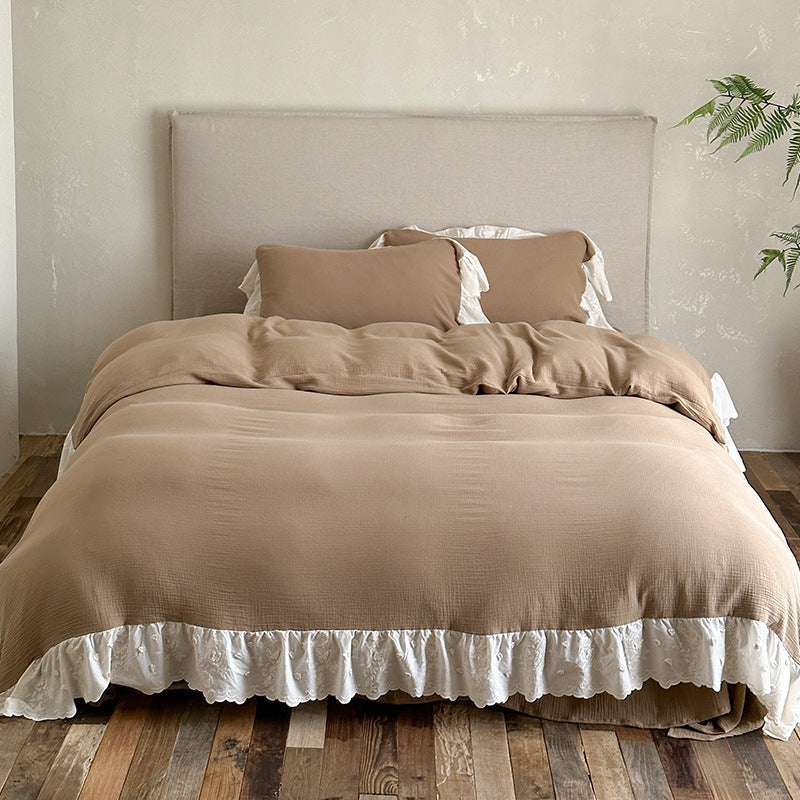 Romantic bedding set made of cotton-linen with embroidered lace, ruffle, and bed skirt