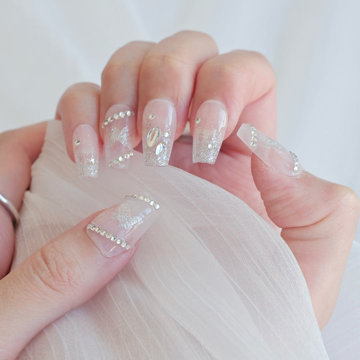 Artistic Press-On Nail Art Set with Heart and Celestial Designs