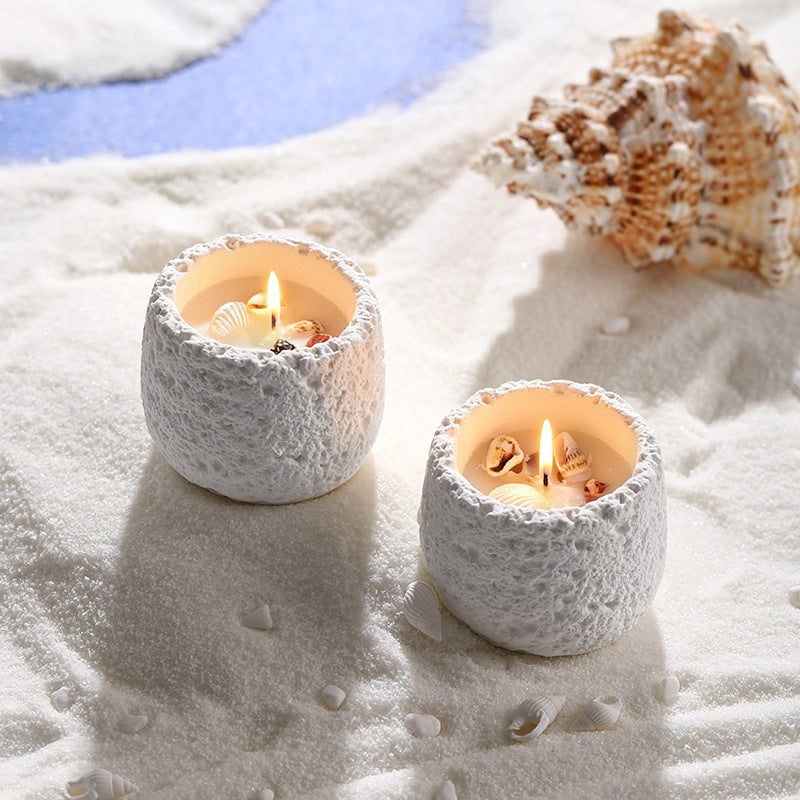 Hand-Poured Seashell-Embedded Textured Ceramic Tealight Candle