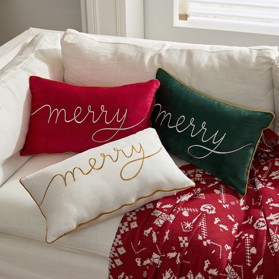 Decorative Holiday Throw Pillow with Gold Script Embroidery