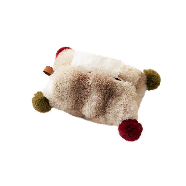 Plush tissue box cover made of faux fur with colorful pom-pom corners Kalsten
