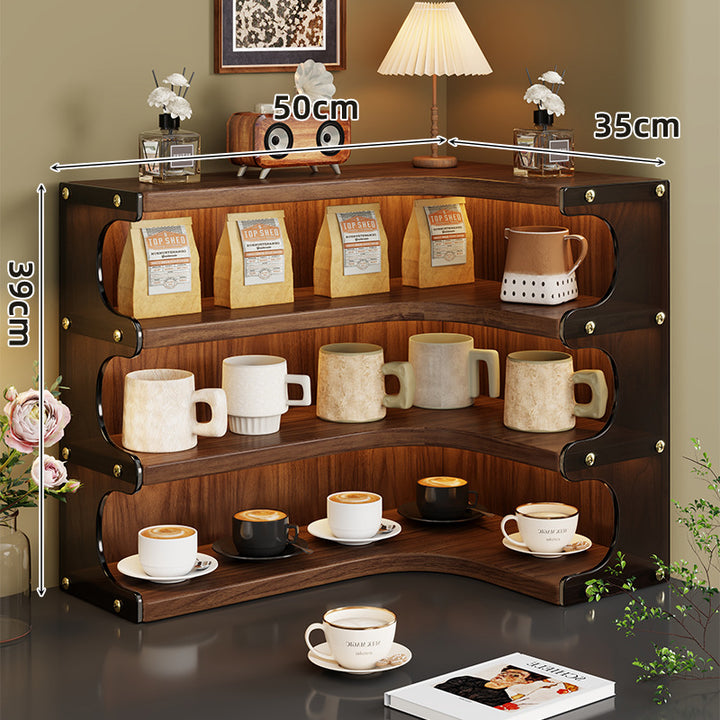 Corner Triple-Tier Wooden Countertop Display Shelf Organizer with Curved Shelves and Brass Accents