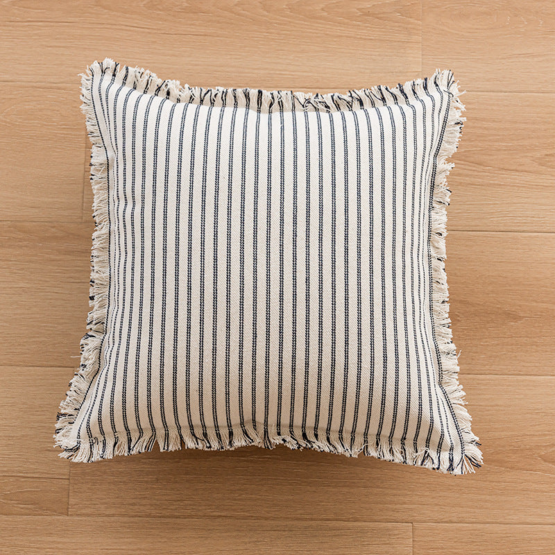 Striped Coastal-Inspired Cotton Square Pillow Cover with Fringed Edge and Concealed Zip