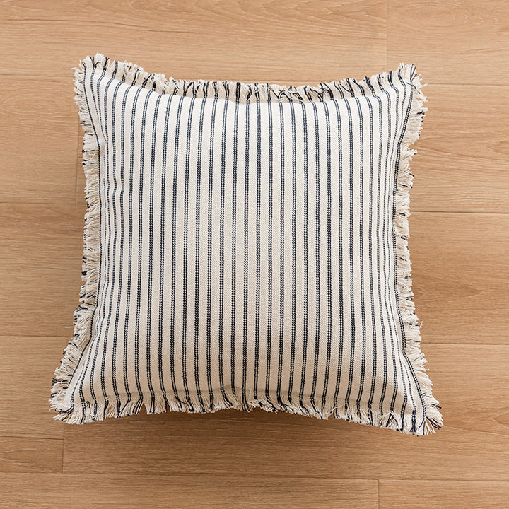 Striped Coastal-Inspired Cotton Square Pillow Cover with Fringed Edge and Concealed Zip