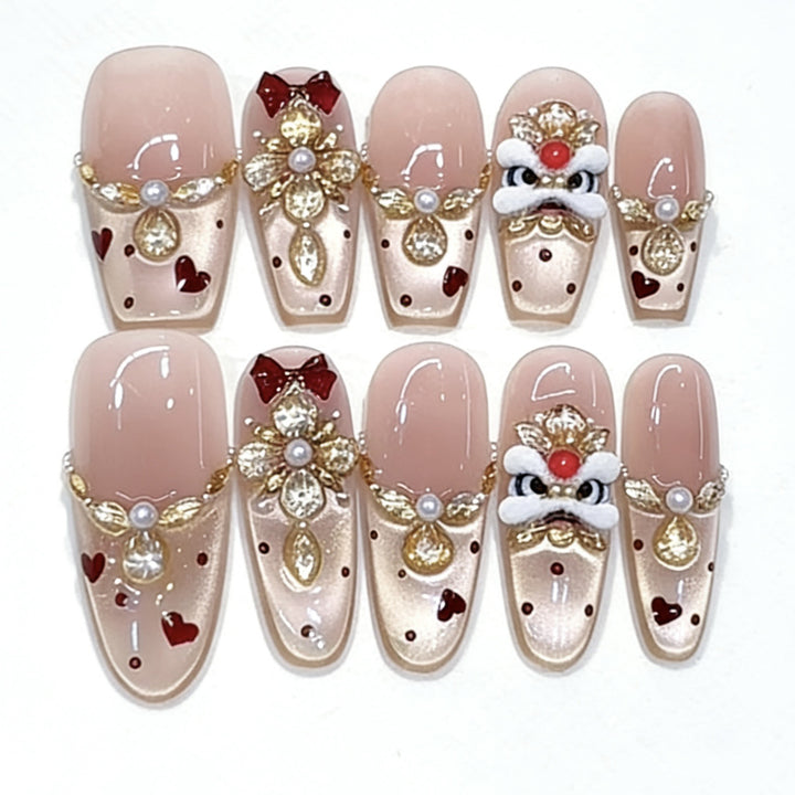 Decorative Press-On Nail Art Set with Heart and Gem Accents Kalsten