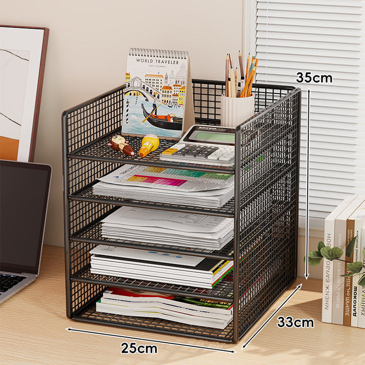 Multi-Tier Metal Mesh Desktop Document and Office Supply Organizer with Pull-Out Trays