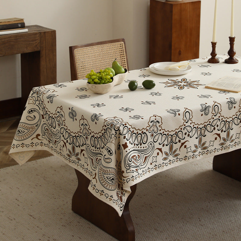 Woven cotton-linen tablecloth with paisley print and decorative border