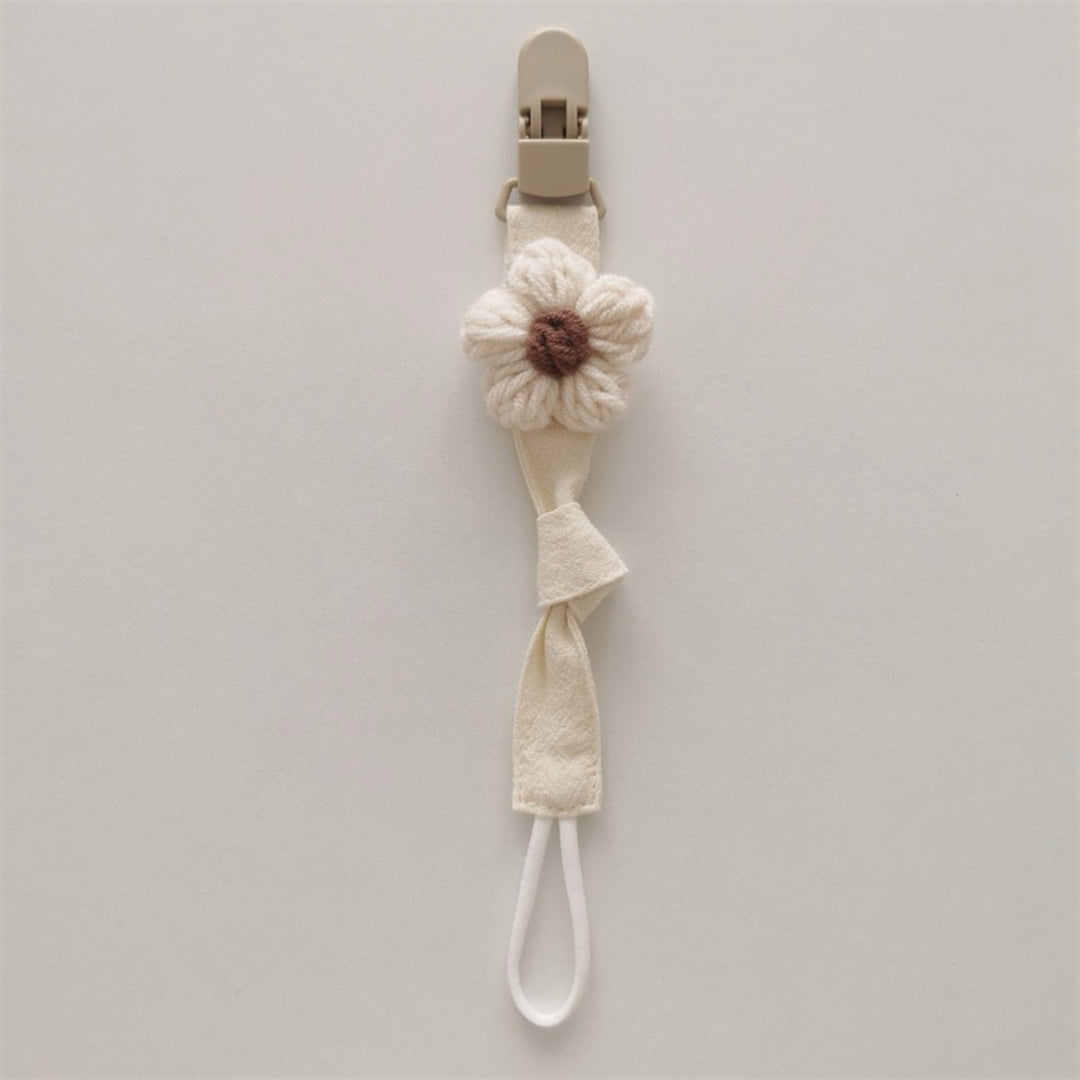 Organic Cotton Pacifier Leash with Quick-Release Clip and Hand-Knit Flower