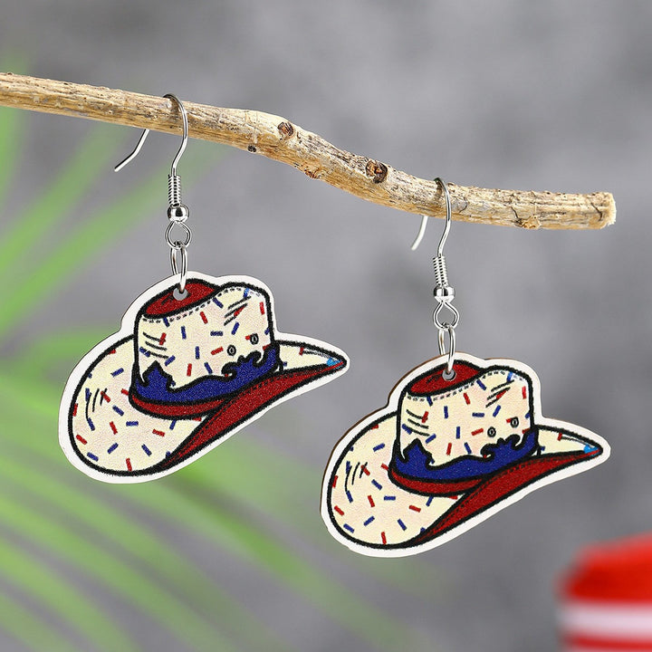 Ladies' lightweight wooden earrings in airplane jet design with patriotic motif and hypoallergenic fish hook Kalsten