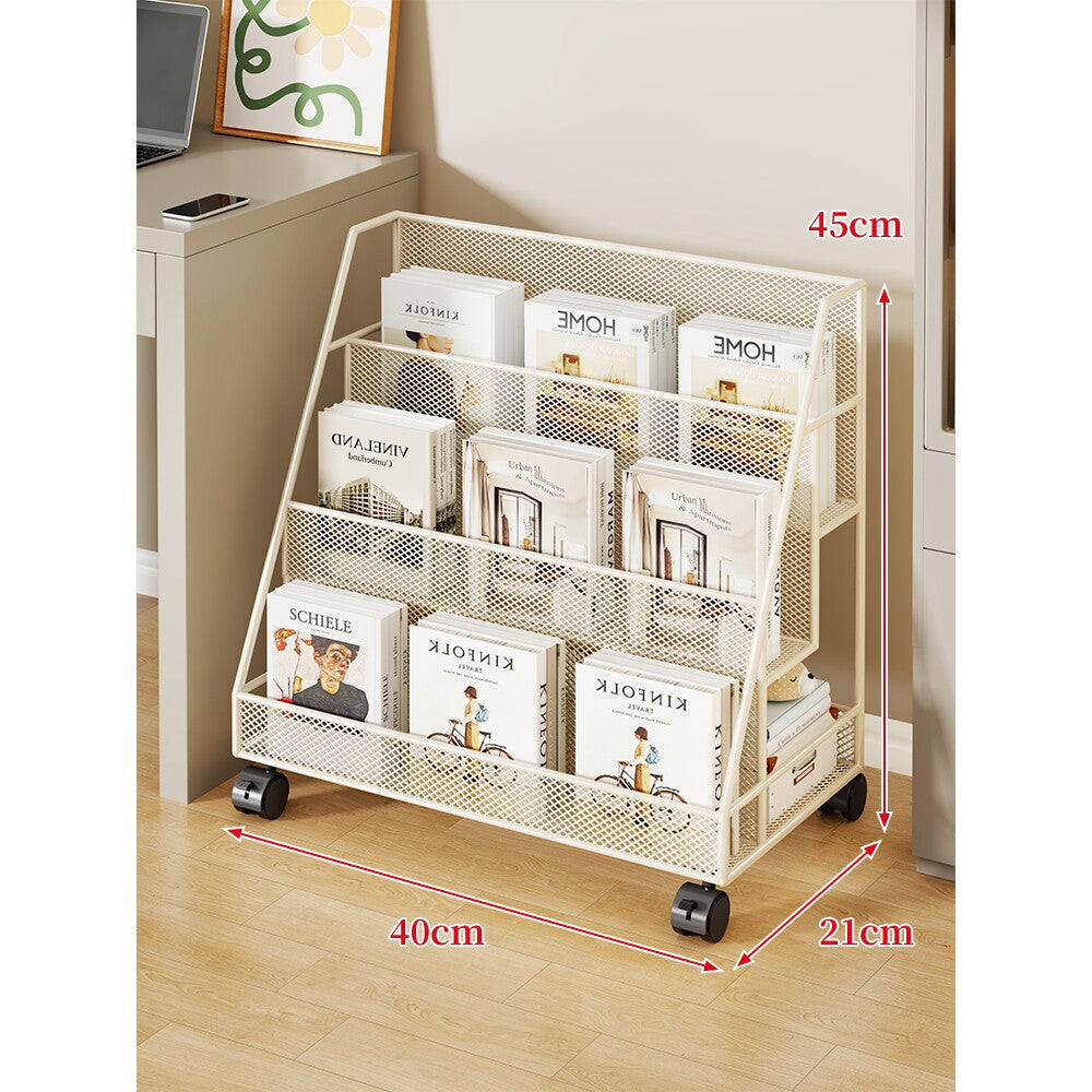 Angled Mesh Rolling Magazine and Book Display Shelf with Locking Casters