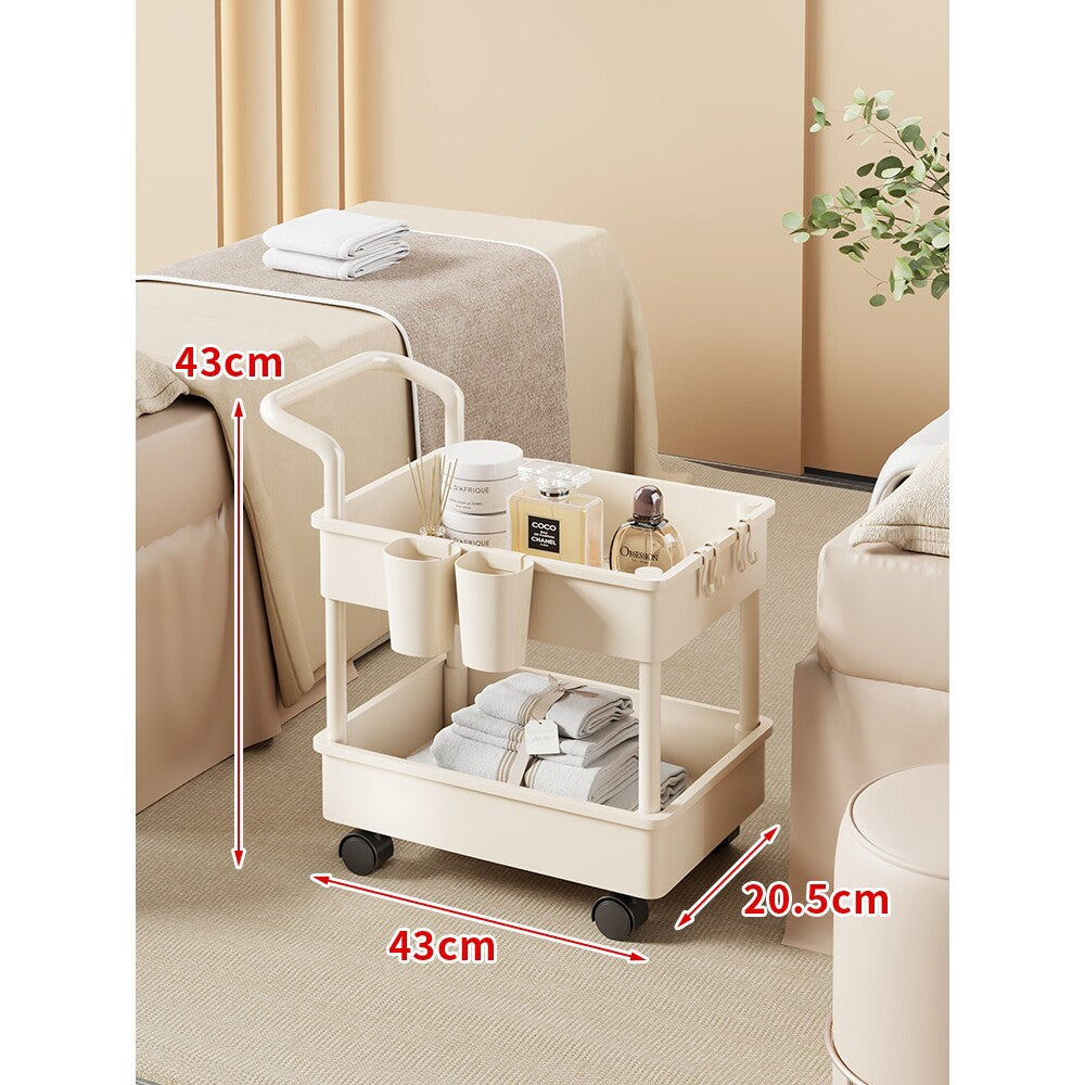 Compact Two-Tier Rolling Storage Cart with Integrated Handle and Accessory Hooks
