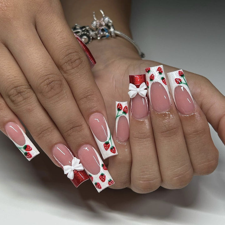 Strawberry Bow-Accent Acrylic Nail Art Extensions Kalsten
