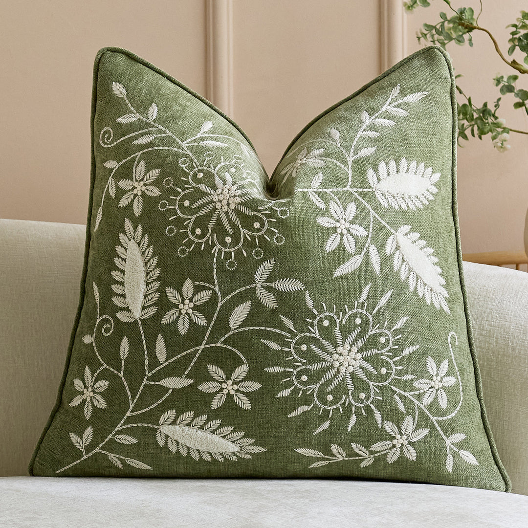 Embroidered Linen Throw Pillow Cover with Floral Motif
