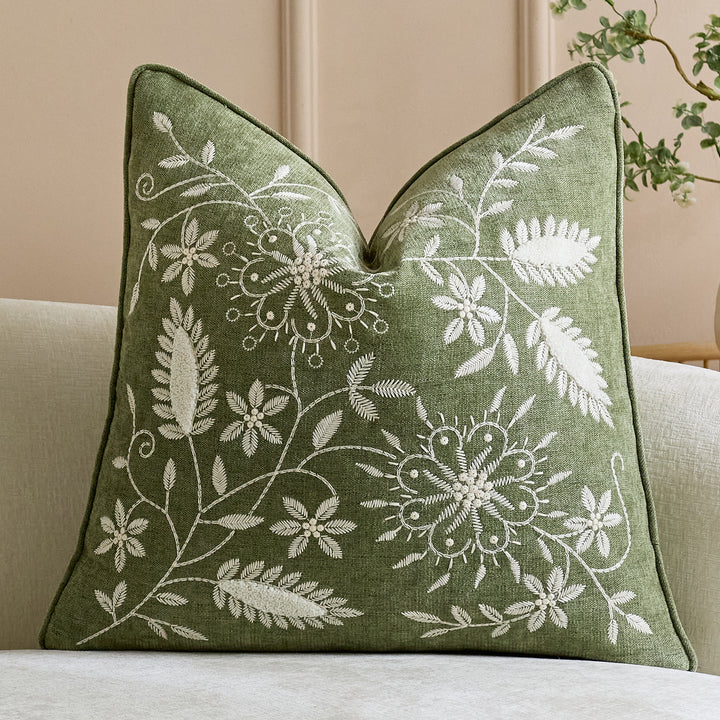 Square Embroidered Linen-Blend Decorative Throw Pillow Cover with Piped Edge