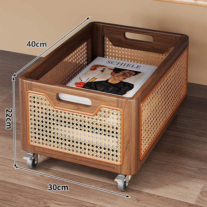 Rattan-Accent Solid Wood Desktop Storage Tray with Handles