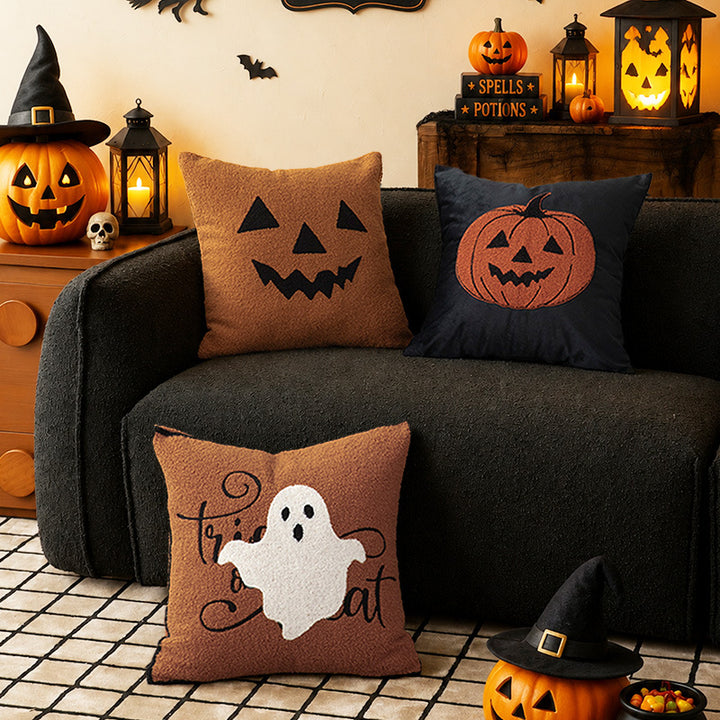 Square Decorative Pillow with Embroidered Halloween Ghost and Boucle Surface Kalsten