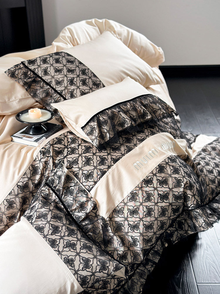 Luxurious Reversible Cotton Satin Bedding Set with Jacquard Border and Ruffle