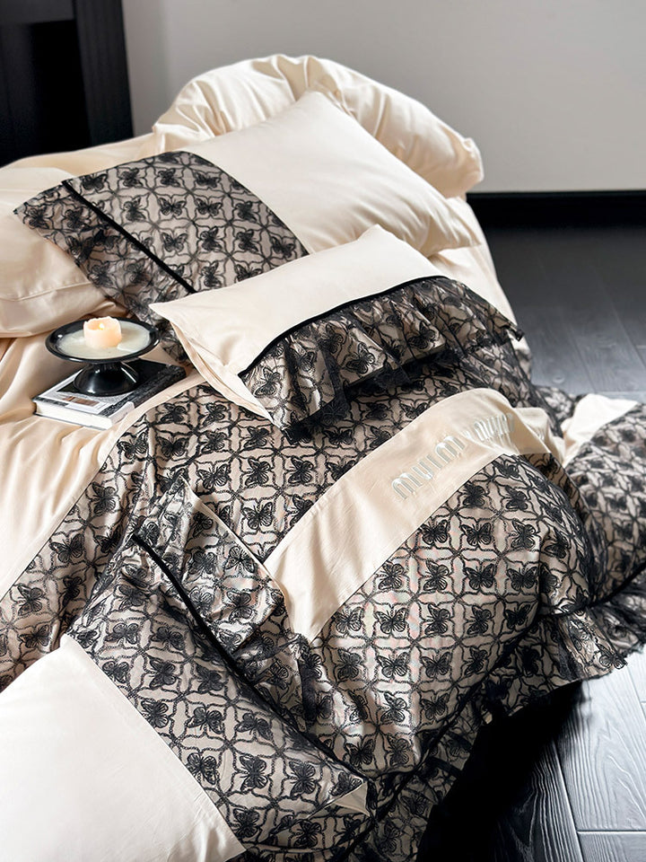 Luxurious Reversible Cotton Satin Bedding Set with Jacquard Border and Ruffle