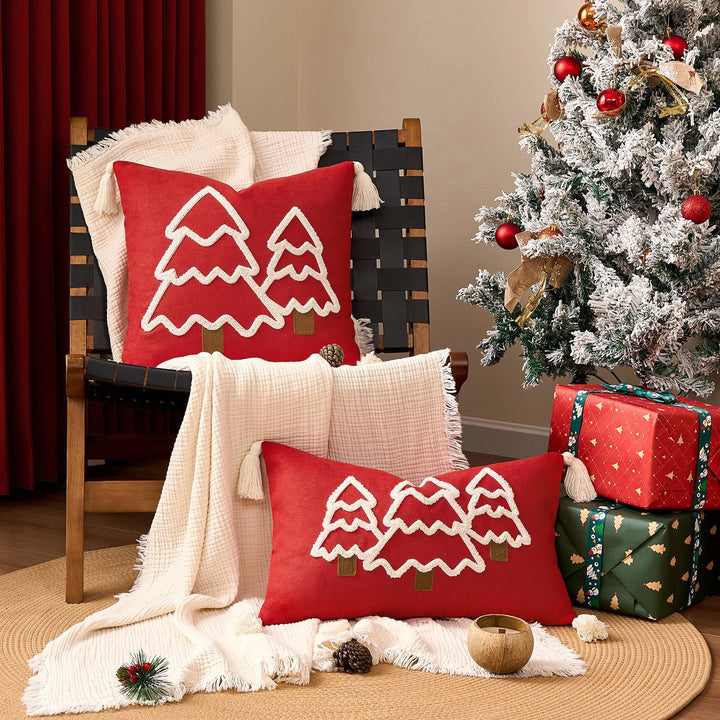 Embroidered Winter Tree Tassel Lumbar Throw Pillow