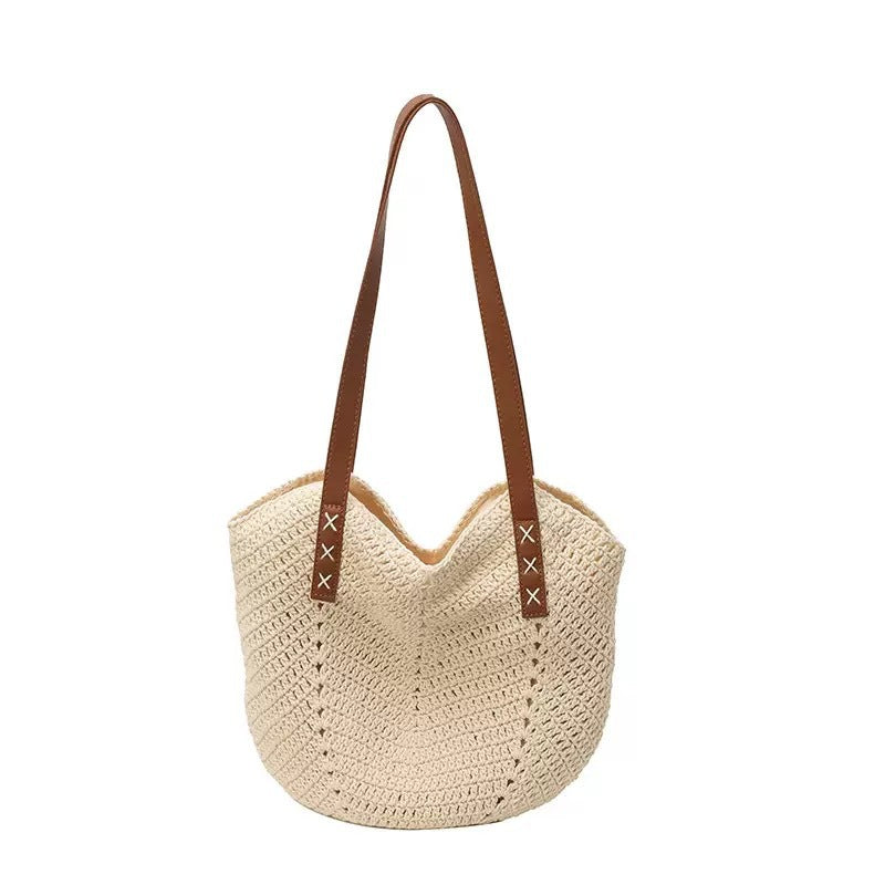 Handmade Beach Bag Made of Natural Material with Decorative Leather Accents Kalsten