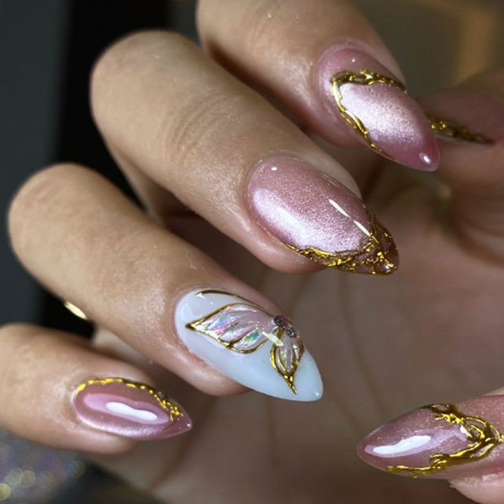 Elegant Press-On Nail Art Set with Golden Accents Kalsten