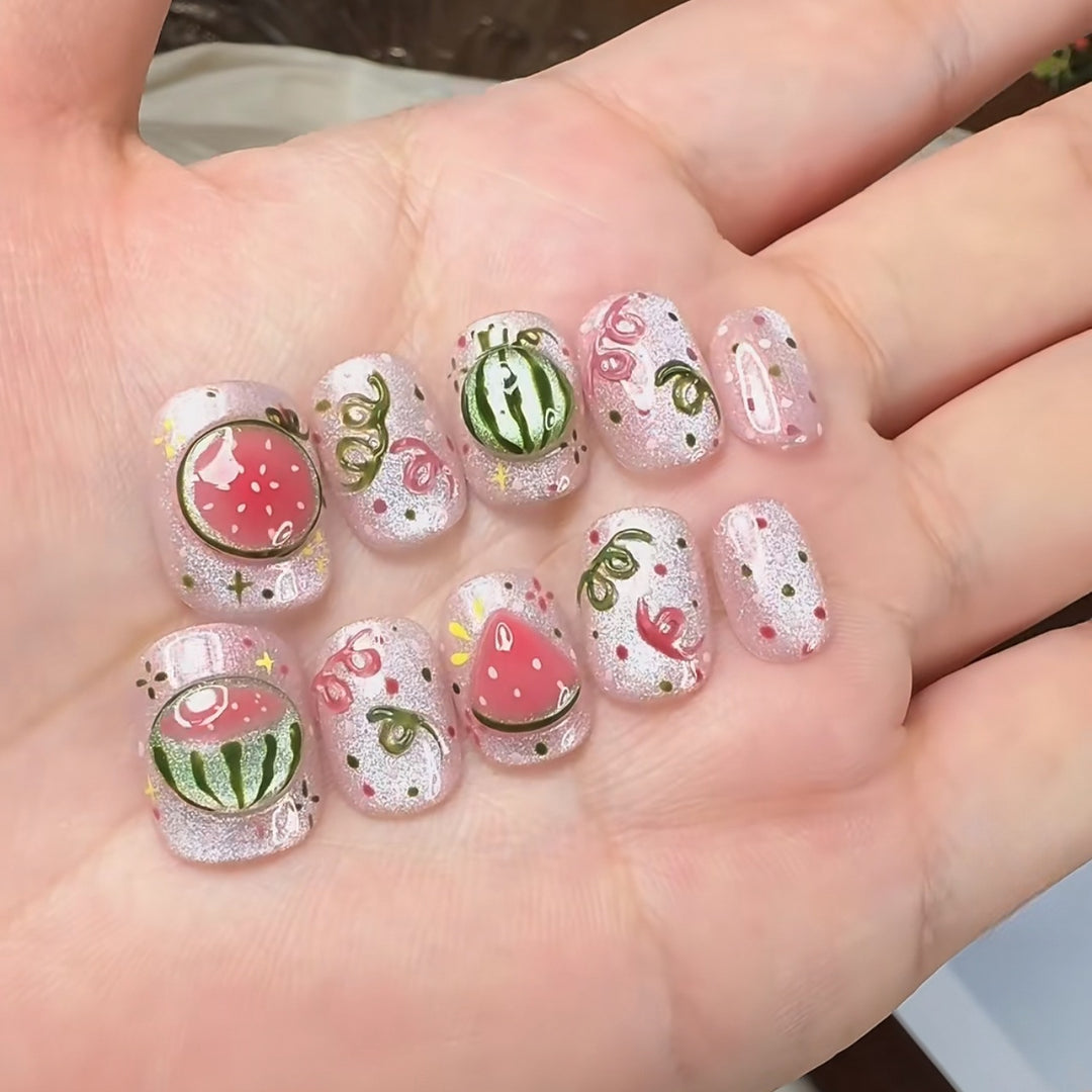 Artistic Press-On Nail Art Set with Watermelon Theme Kalsten