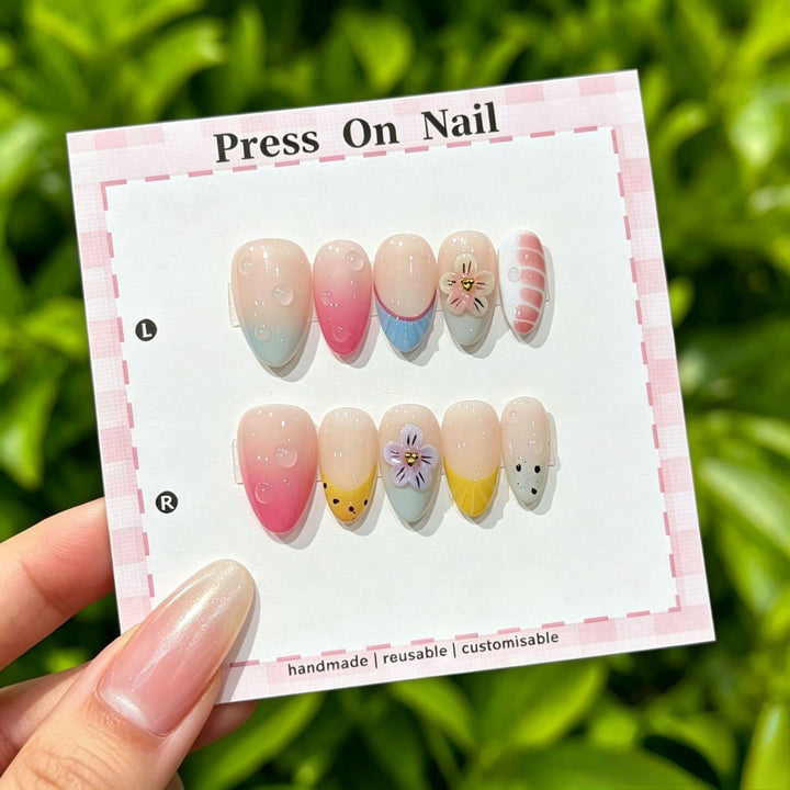 Artistic Press-On Nail Art Set with Star and Floral Accents