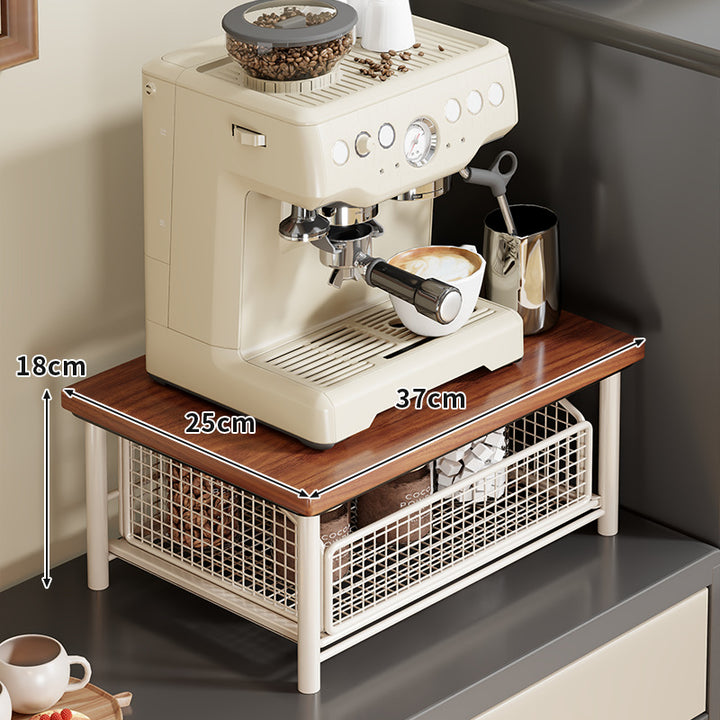 Compact Two-Tier Countertop Coffee Station Organizer with Wooden Top and Slide-Out Wire Mesh Baskets