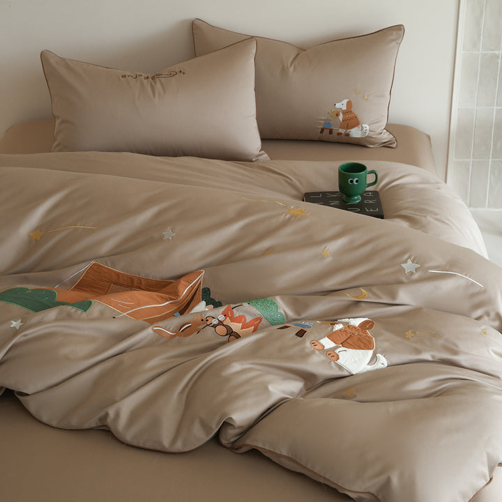 Children's bedding set made of cotton blend with embroidered camping motif