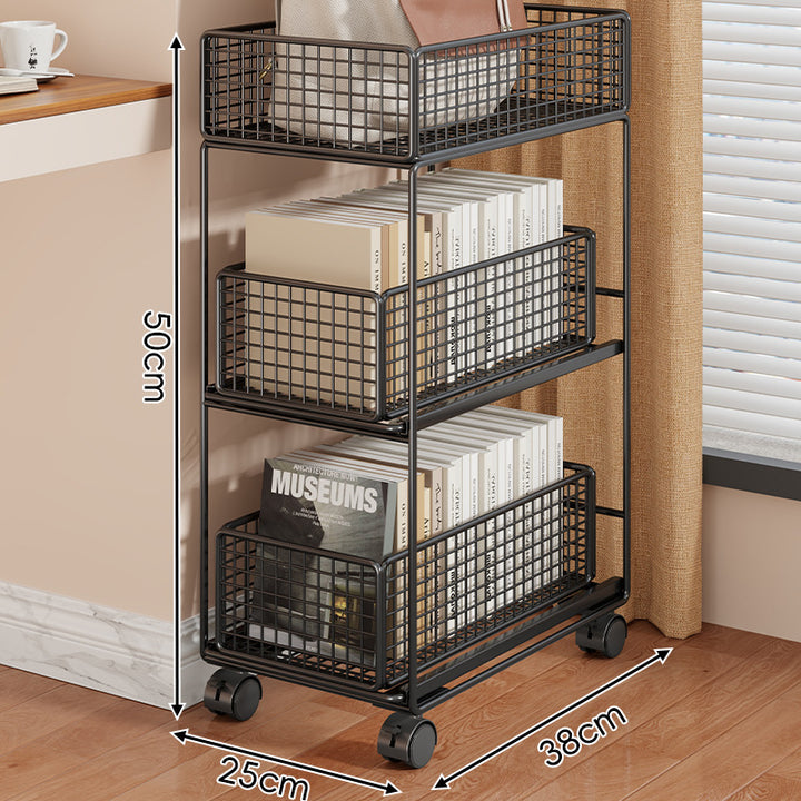 Compact Two-Tier Rolling Metal Mesh Storage Trolley with Locking Swivel Casters