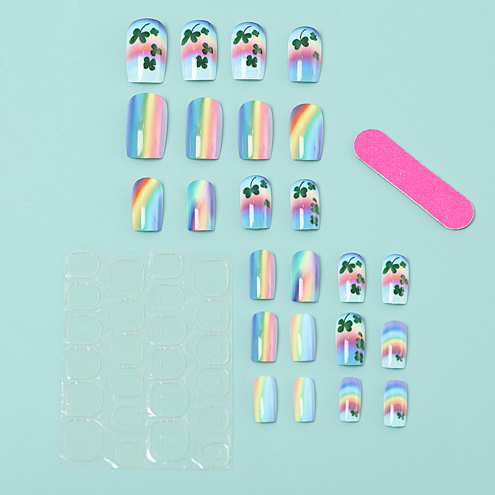 Artificial nails with colorful rainbow and clover leaf designs Kalsten