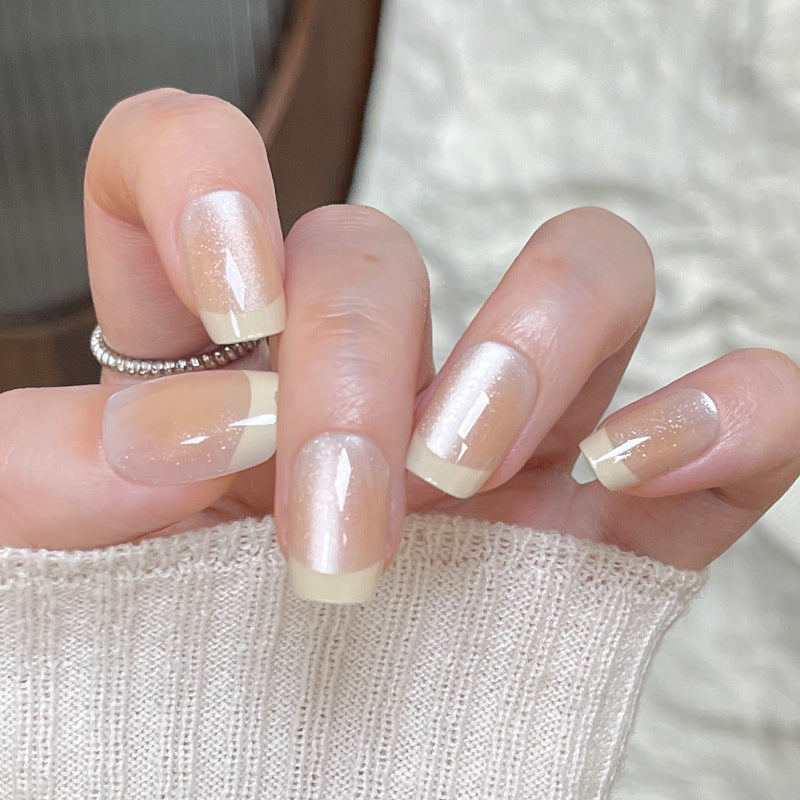 Elegant French Tip Press-On Nails with Shimmer Effect Kalsten